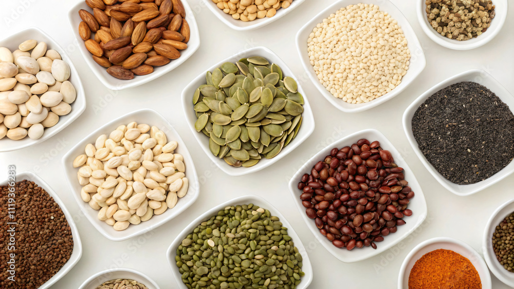 Healthy seeds and nuts in white bowls, showcasing variety and texture Healthy seeds and nuts in white bowls, showcasing variety and texture