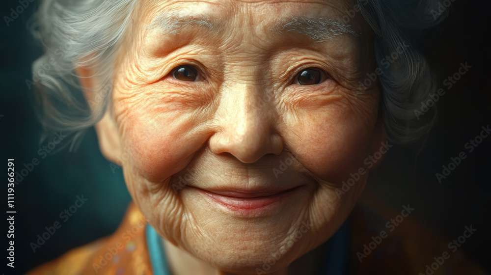 Close-up face of happy woman elderly asian, portrait. Portrait of senior woman. Peaceful senior asian chinese woman. wrinkled skin, white hair looking at camera, grandmother's face 16:9 Close-up face of happy woman elderly asian, portrait. Portrait of senior woman. Peaceful senior asian chinese woman. wrinkled skin, white hair looking at camera, grandmother's face 16:9