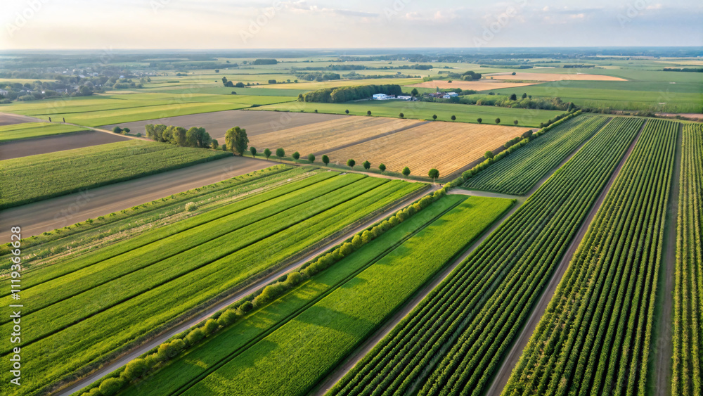Obraz premium Aerial view of vibrant agricultural fields with varying crops and colors