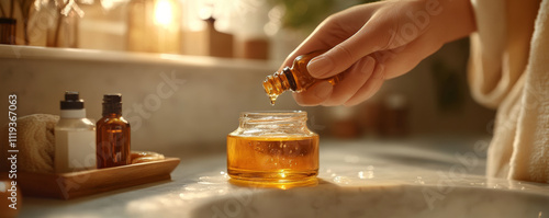 Nourishing oil being applied from dropper into glass jar, creating serene and calming atmosphere in spa like setting. warm lighting enhances relaxing vibe photo