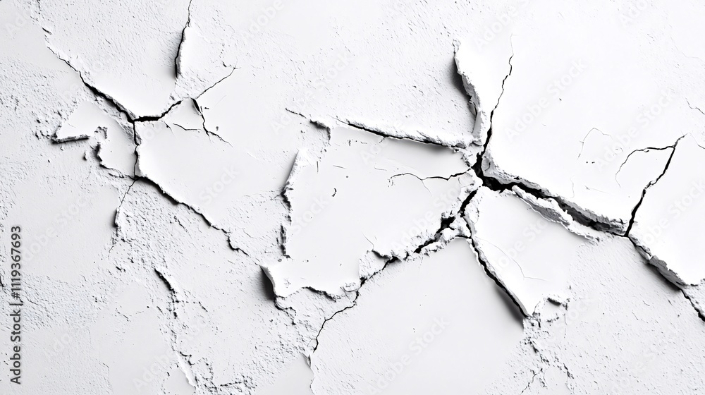 Close-up of cracked white surface, showing texture and fissures. Close-up of cracked white surface, showing texture and fissures.