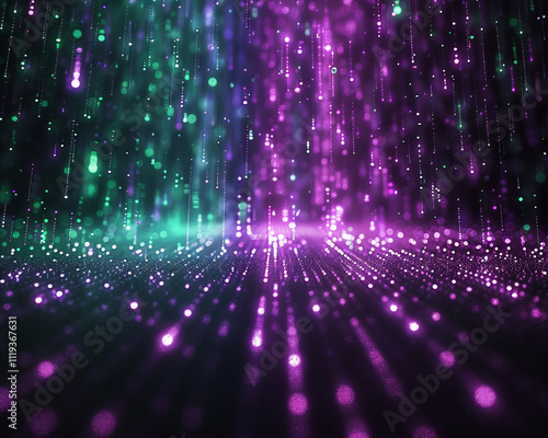 Neon-colored light particles descending in a black expanse, forming a dazzling rain of violet and emerald, producing a futuristic and abstract effect.