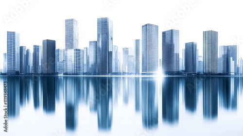 Modern city skyline reflected in calm water, showcasing skyscrapers and urban development.