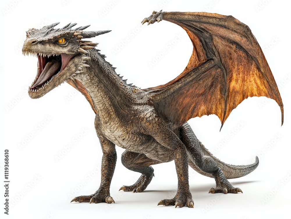 Full-body side view of a dragon with an open mouth, sharp teeth with wings, isolated on a white background Full-body side view of a dragon with an open mouth, sharp teeth with wings, isolated on a white background