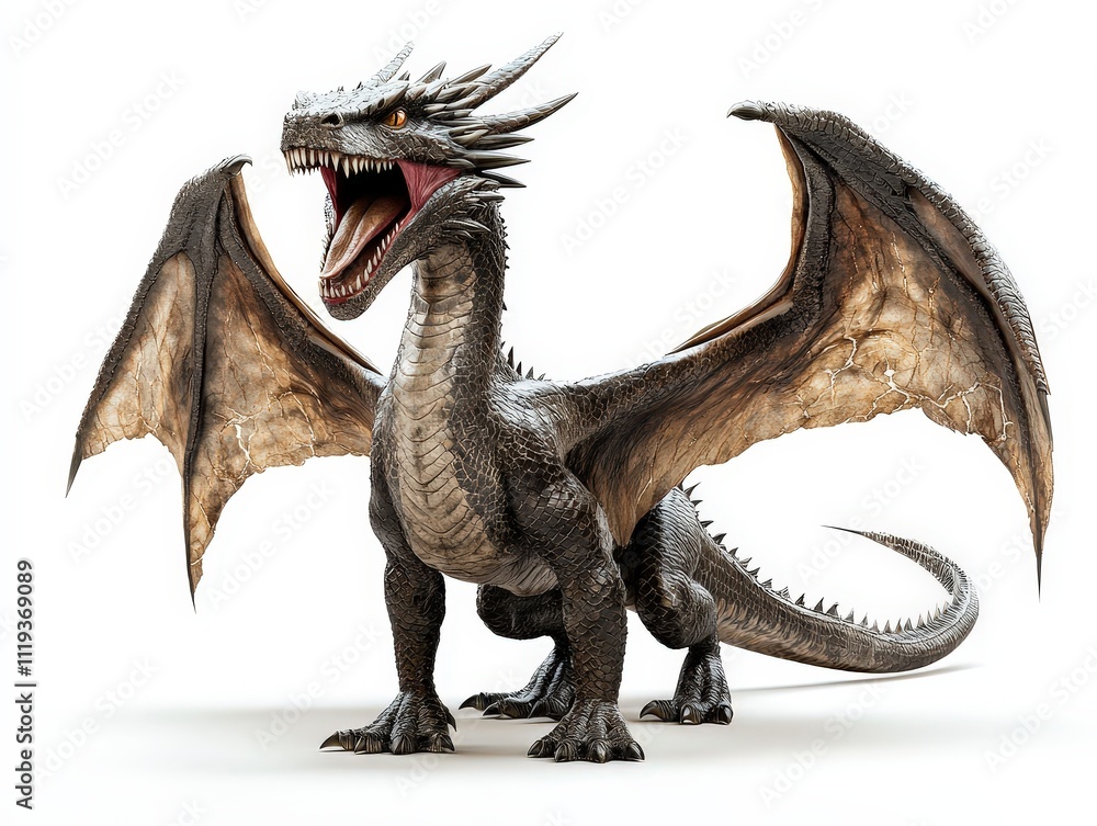 Full-body side view of a dragon with an open mouth, sharp teeth with wings, isolated on a white background Full-body side view of a dragon with an open mouth, sharp teeth with wings, isolated on a white background