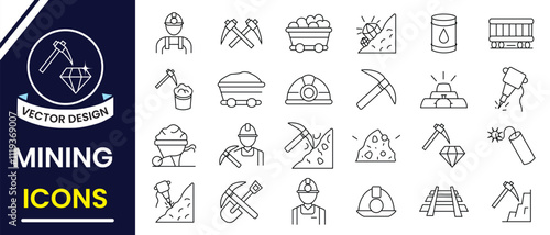 Mining icon set. Mining and digging line icon, vector set.  Gold, diamond, coal wagon, oil, train, stone, editable stroke line icon. Vector illustration.