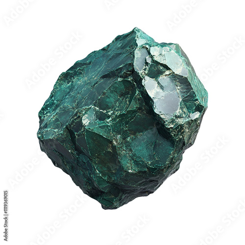 Top view of a hyperrealistic single dioptase rock in an irregular shape isolated on a white transparent background