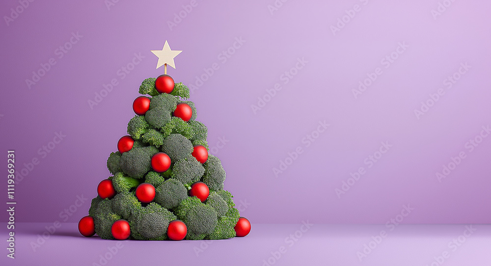 Juicy, delicious, and healthy broccoli in the shape of a Christmas tree with Christmas ornaments on a solid purple background, in the spirit of Christmas and New Year Juicy, delicious, and healthy broccoli in the shape of a Christmas tree with Christmas ornaments on a solid purple background, in the spirit of Christmas and New Year