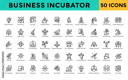 Business Incubator icons set with idea development, business plan, pitch deck, prototype creation, market research, product launch, minimum viable product, elevator pitch icon. Simple line vector 
