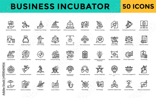 Business Incubator icons set with business workshop, skill development, entrepreneur training, leadership program, online learning platform, training session  icon. Simple line vector 
