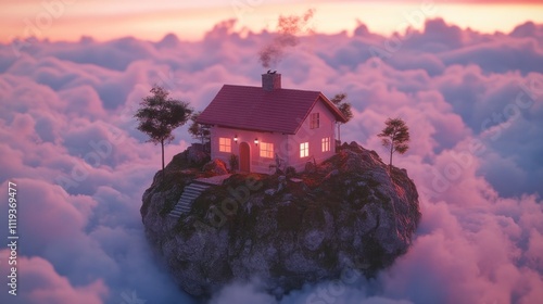  whimsical house on a floating rock amidst colorful clouds at sunset 