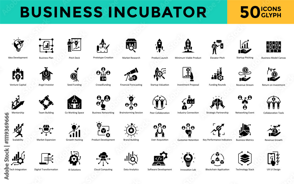 © Gravisio - Business Incubator icons set with idea development, business plan, pitch deck, prototype creation, market research, product launch, minimum viable product, elevator pitch icon. Simple glyph vector