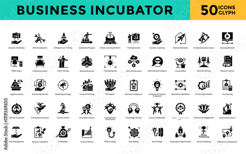 Business Incubator icons set with business workshop, skill development, entrepreneur training, leadership program, online learning platform, training session  icon. Simple glyph vector 
