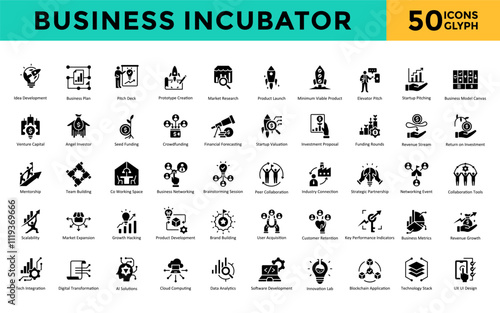 Business Incubator icons set with idea development, business plan, pitch deck, prototype creation, market research, product launch, minimum viable product, elevator pitch icon. Simple glyph vector 
