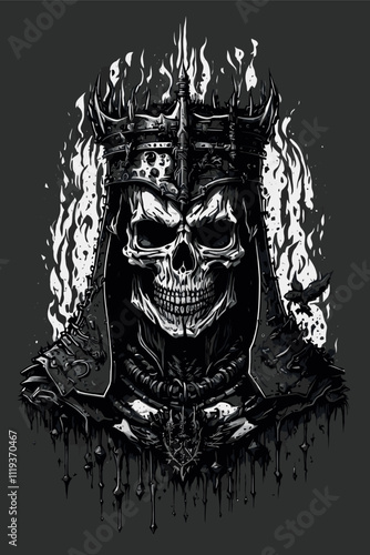 Ethereal Gothic Skull Artwork with Fiery Elements in Monochrome. Skeleton King Vector.