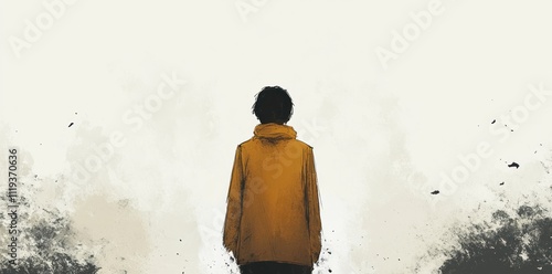 Solitary Figure in Mustard Yellow Jacket Contemplating a Vague Horizon
