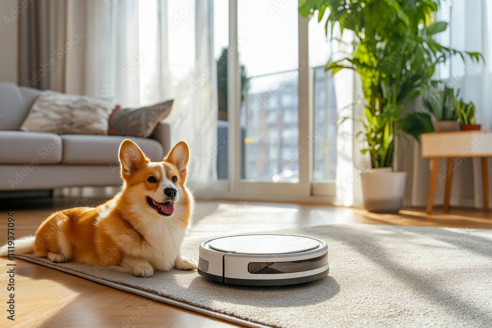 Happy Corgi Dog Relaxing in a Modern Living Room with a Robotic Vacuum Cleaner on Carpet Happy Corgi Dog Relaxing in a Modern Living Room with a Robotic Vacuum Cleaner on Carpet