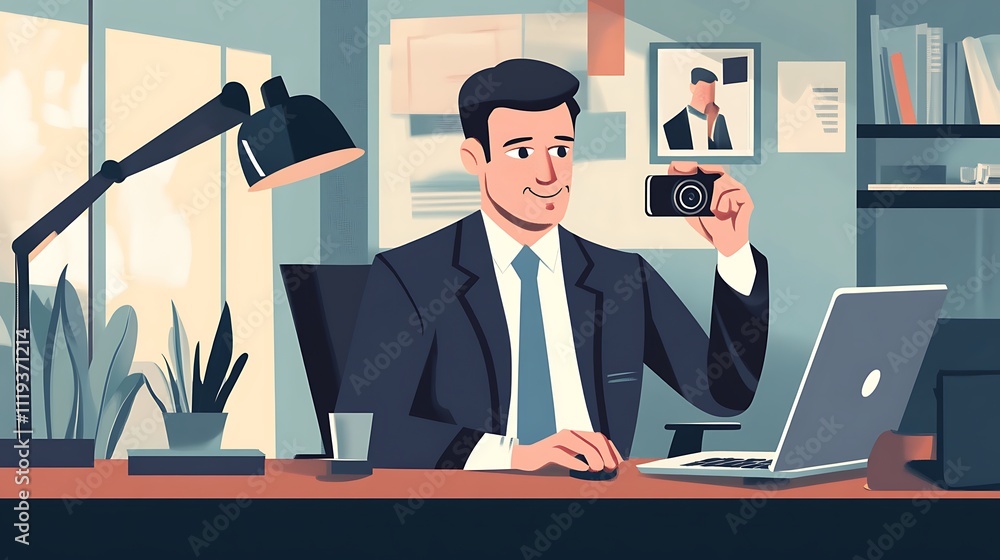 Businessman Taking Self Portrait In Office Setting Businessman Taking Self Portrait In Office Setting