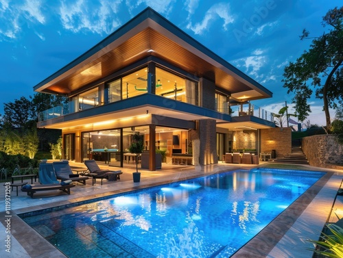 Wallpaper Mural Luxury modern house with pool, evening. Torontodigital.ca