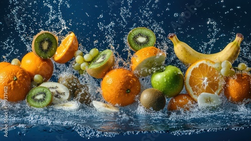 Fresh fruits splashing in water, showcasing vibrant colors