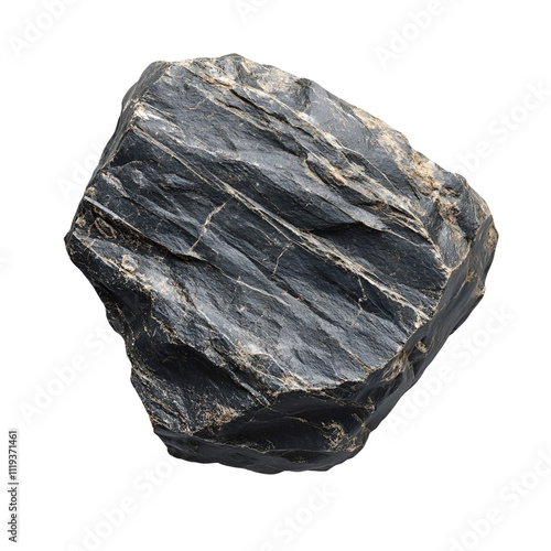 Top view of a hyperrealistic single schist rock in an irregular shape isolated on a white transparent background