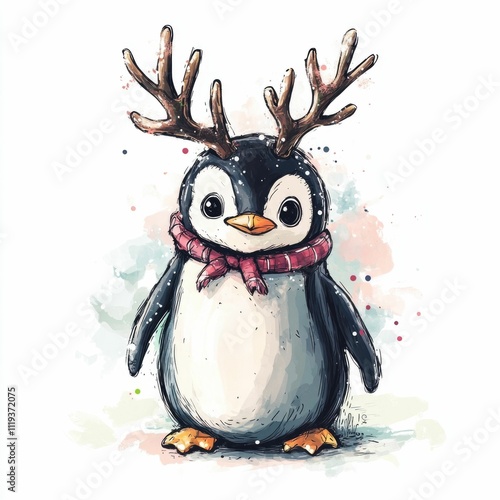 Adorable and whimsical of a penguin character wearing a festive pair of antlers perfect for a Christmas or holiday themed t shirt design greeting card or other seasonal merchandise photo