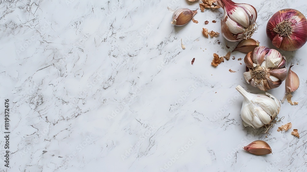 Obraz premium White Background with Garlic and Onion, Simple Ingredients Displayed, Ready to Add Flavor to Culinary Creations.