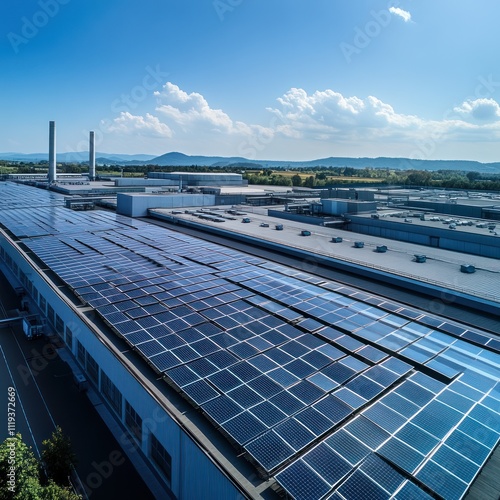 Aerial view of a factory roof covered in solar panels under a clear blue sky.