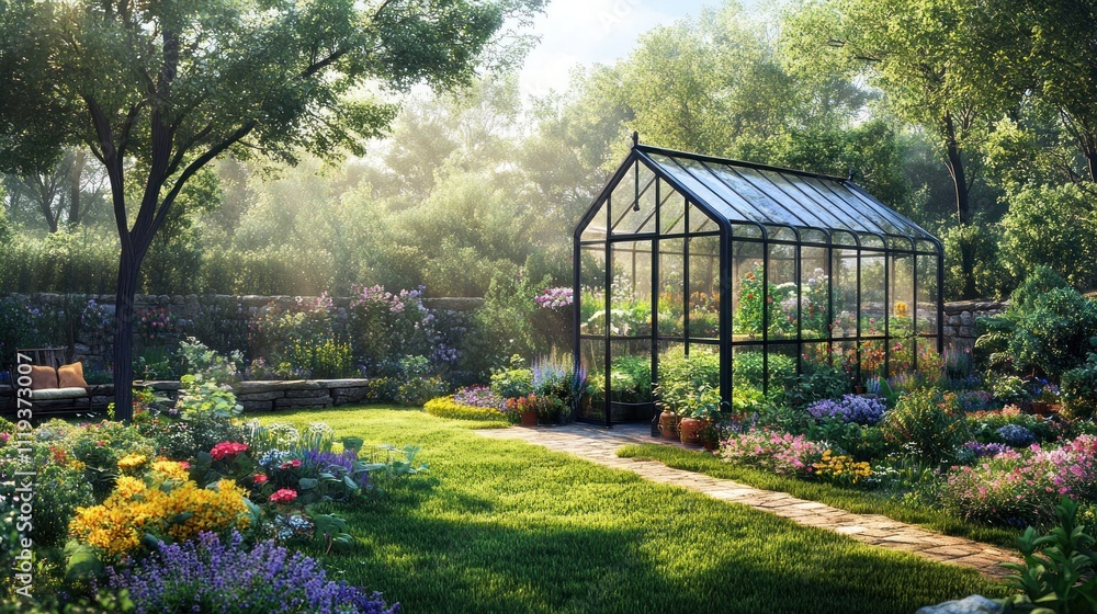 Sunlit garden with vibrant flowers and a glass greenhouse.