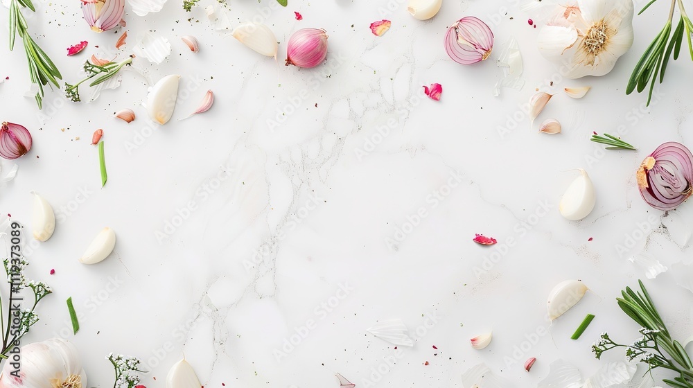 White Background with Garlic and Onion, Simple Ingredients Displayed, Ready to Add Flavor to Culinary Creations. White Background with Garlic and Onion, Simple Ingredients Displayed, Ready to Add Flavor to Culinary Creations.