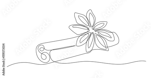 Cinnamon one line illustration. Hand drawn continuous sketch of anise star on white background