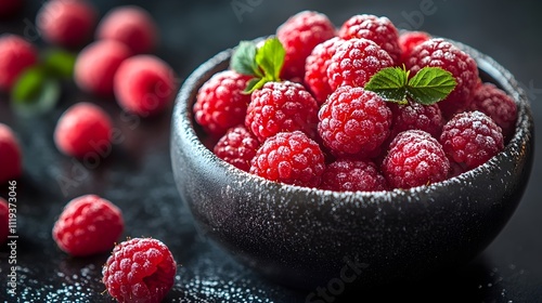 A bowl of red raspberries with green leaves