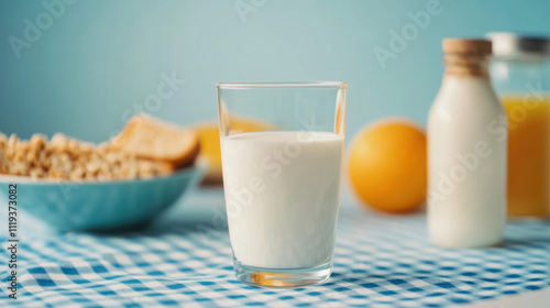 refreshing glass of milk sits on checkered tablecloth, surrounded by breakfast items like cereal, orange, and juice. Perfect for healthy morning! photo