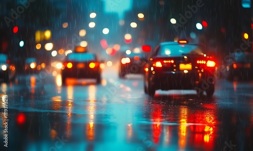 atmospheric rainy traffic jam blurred car headlights and taillights streak through a hazy rainsoaked cityscape reflections dance on wet asphalt creating a moody urban nights cape, Generative Ai