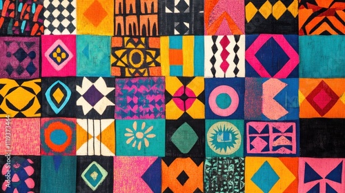 Vibrant Patchwork Textile: A Kaleidoscope of Colors and Geometric Patterns