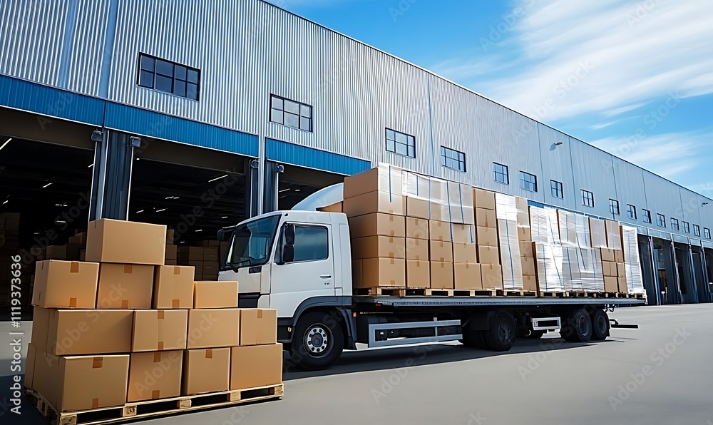 Optimizing delivery with boxes packed and loaded onto a large truck outside a warehouse Symbolizing efficiency and logistics, Generative Ai Optimizing delivery with boxes packed and loaded onto a large truck outside a warehouse Symbolizing efficiency and logistics, Generative Ai