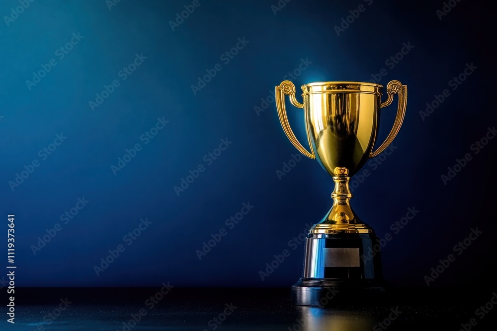 A golden trophy sitting triumphantly on a plain black surface against a deep royal blue background, with a spotlight effect focusing on the trophy, leaving room for text.