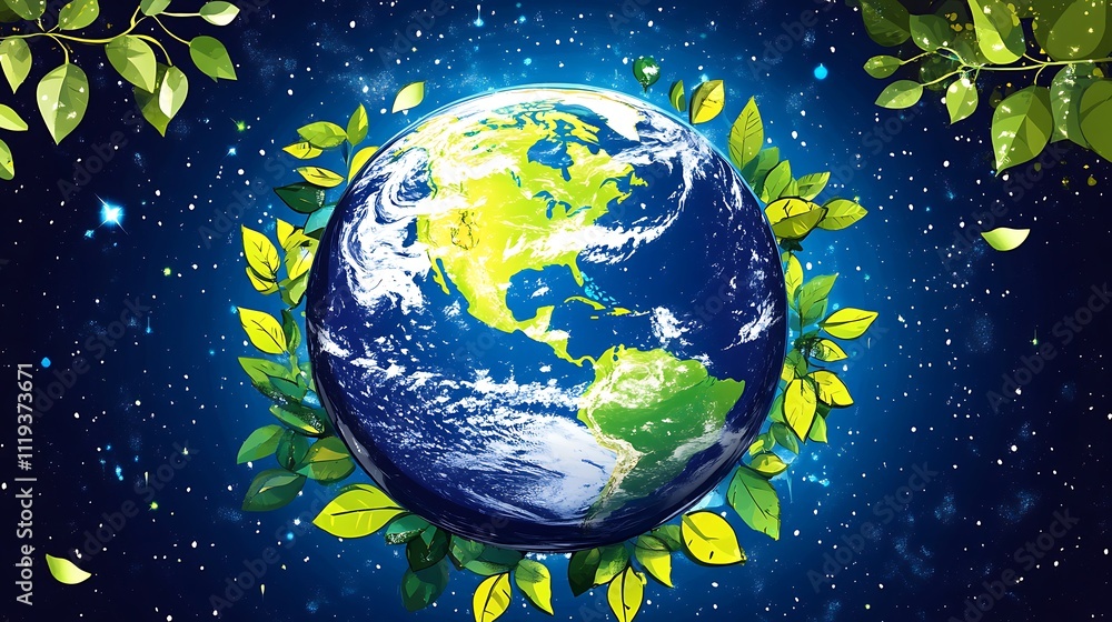 Earth Encircled by Lush Green Leaves in Space Earth Encircled by Lush Green Leaves in Space