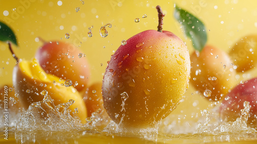 Several manggos floating in the air, not too many, orange background, water droplets photo