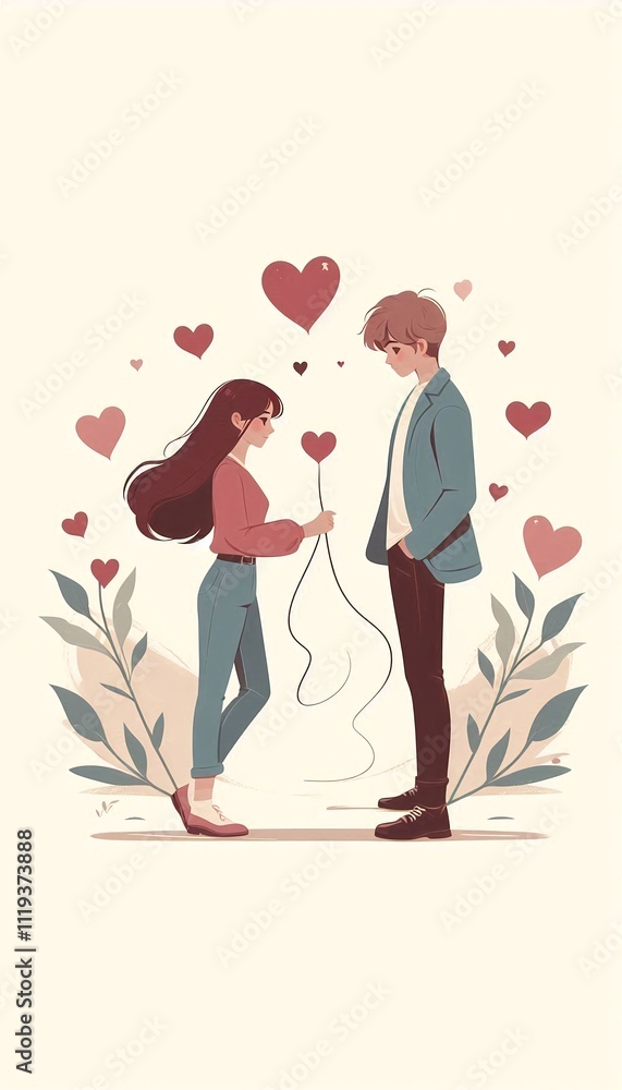 A young couple stands together, surrounded by hearts, looking into each other's eyes A young couple stands together, surrounded by hearts, looking into each other's eyes