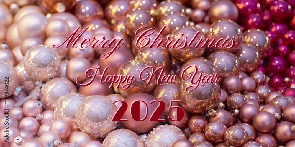 Życzenia Merry Christmas Happy New Year 2025 na tle różnokolorowych baniek choinkowych Życzenia Merry Christmas Happy New Year 2025 na tle różnokolorowych baniek choinkowych