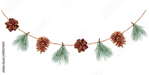 Vector illustration of an eco-friendly Christmas garland featuring pinecones and green pine branches on a natural rope, designed for sustainable holiday decor and eco-conscious celebrations.