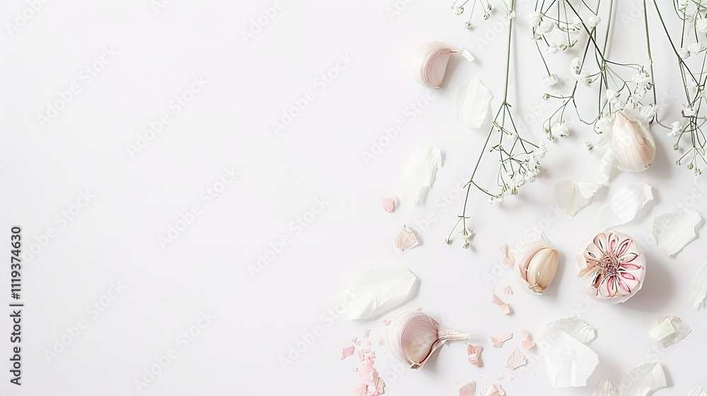 White Background with Garlic and Onion, Simple Ingredients Displayed, Ready to Add Flavor to Culinary Creations. White Background with Garlic and Onion, Simple Ingredients Displayed, Ready to Add Flavor to Culinary Creations.