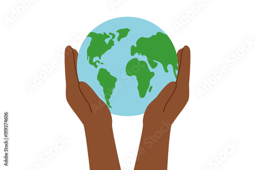 Human hands holding planet Earth. Ecology and care concept. Save the planet. Clipart flat illustration. 	
