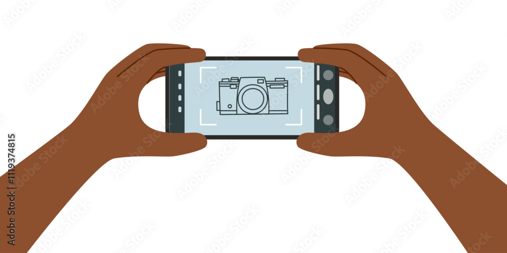 Person taking a photo. Hands with phone camera isolated on white. Vector clipart. Phone screen mockup. Person taking a photo. Hands with phone camera isolated on white. Vector clipart. Phone screen mockup.