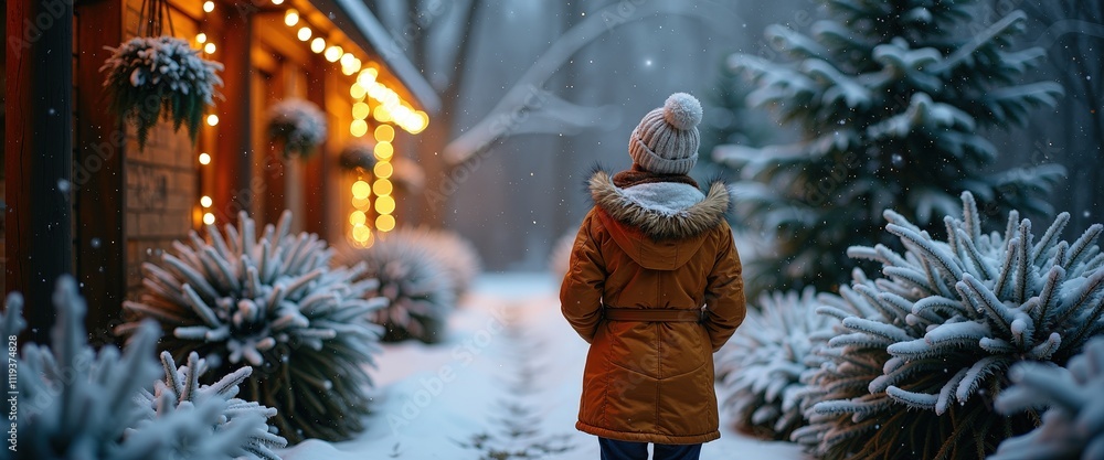 Obraz premium Warm Glow of Holiday Lights Highlighting a Winter Garden with Snowflakes Falling.