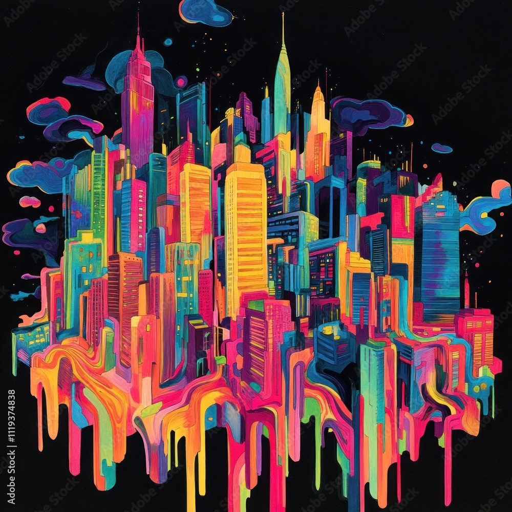 Vibrant Cityscape Melts Into Abstract Drips Of Color Vibrant Cityscape Melts Into Abstract Drips Of Color