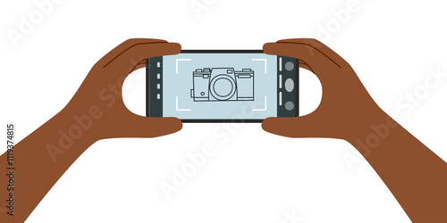 Person taking a photo. Hands with phone camera isolated on white. Vector clipart. Phone screen mockup.	