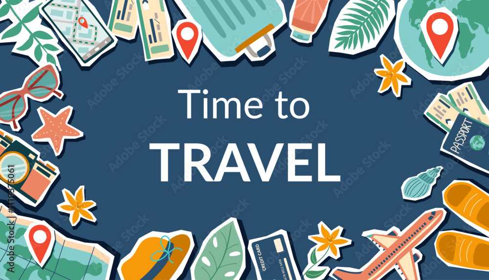 Fototapeta premium Travel banner with travel objects and copy space in the center. Vacation and travel concept blue background. Travel template.