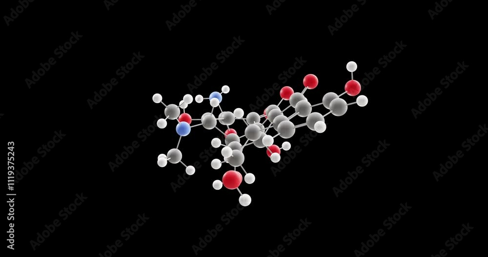 Doxycycline molecule, rotating 3D model of antibiotic, looped video on a black background Doxycycline molecule, rotating 3D model of antibiotic, looped video on a black background